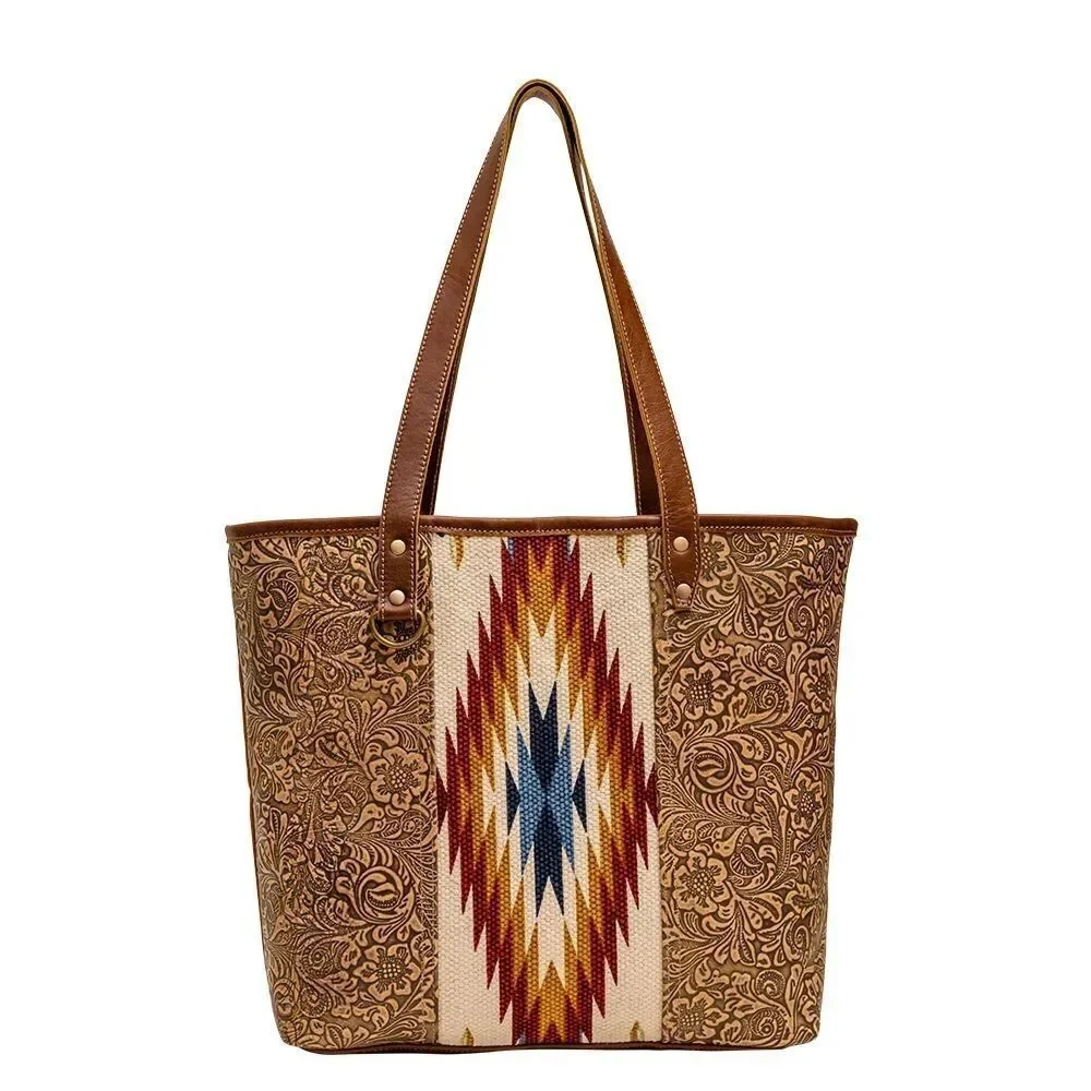 Myra Bag Handmade Titios Tote Bag Upcycled Canvas & Cowhide Leather